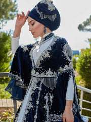 arabic navy blue hand embroidery long islamic abaya kaftan bridal dress (2)