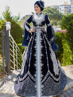 arabic navy blue hand embroidery long islamic abaya kaftan bridal dress (3)