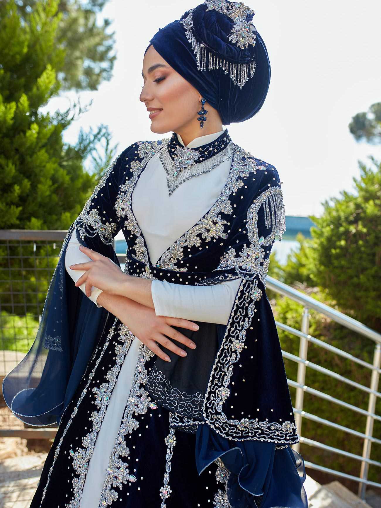 arabic navy blue hand embroidery long islamic abaya kaftan bridal dress (4)