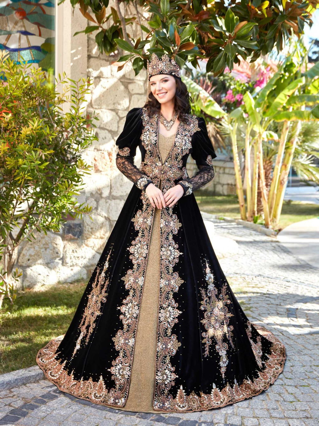 Buy Full-length front view of the black gold lace embellished traditional henna gown dress by Sultan Dress.