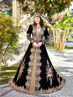 Buy Full-length front view of the black gold lace embellished traditional henna gown dress by Sultan Dress.