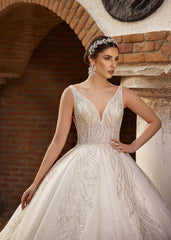 buy  Simple Yet Elegant Glitter Cathedral Train Deep Neck Wedding Dress plus sizes online bridal shops