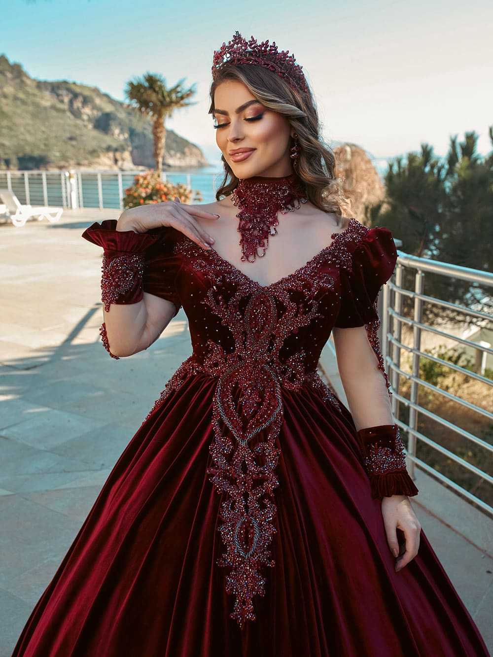 buy Burgundy Fitted Long Sleeves Evening Ball Gown online ball gown store