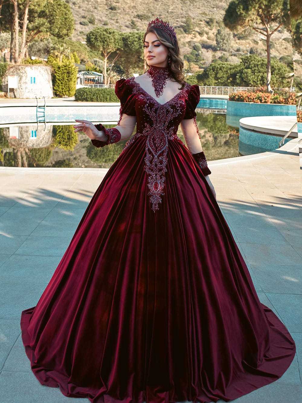 buy affordable Burgundy Velvet Long Puff Sleeve Henna Turkish Henna Dresses Online party dresses store