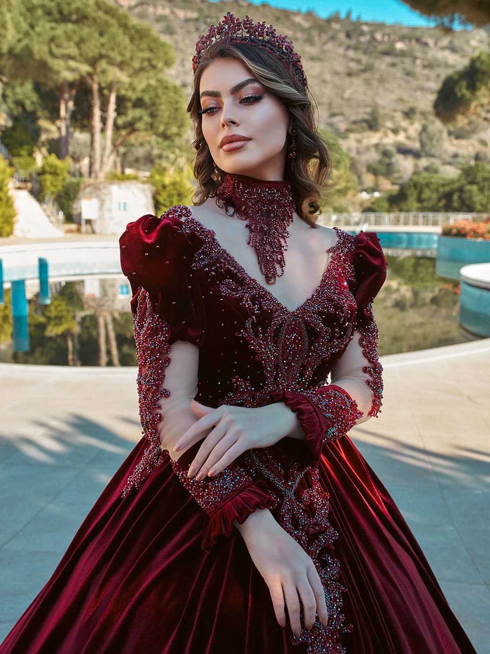 buy dark red velvet v neck beaded embellished top long juliet sleeve fancy ball gown online party dresses 