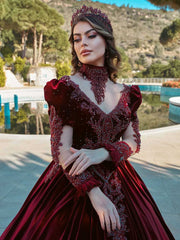 buy dark red velvet v neck beaded embellished top long juliet sleeve fancy ball gown online party dresses 
