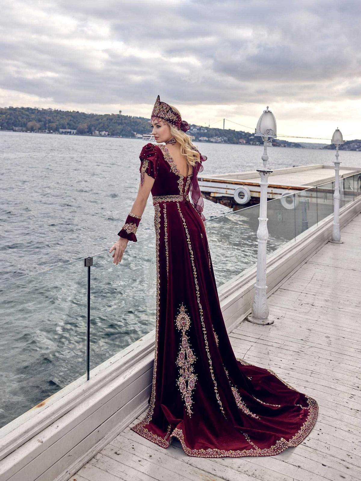 buy Burgundy Mermaid Long Tail Gold Embroidered Party Kaftan Dress online henna dresses