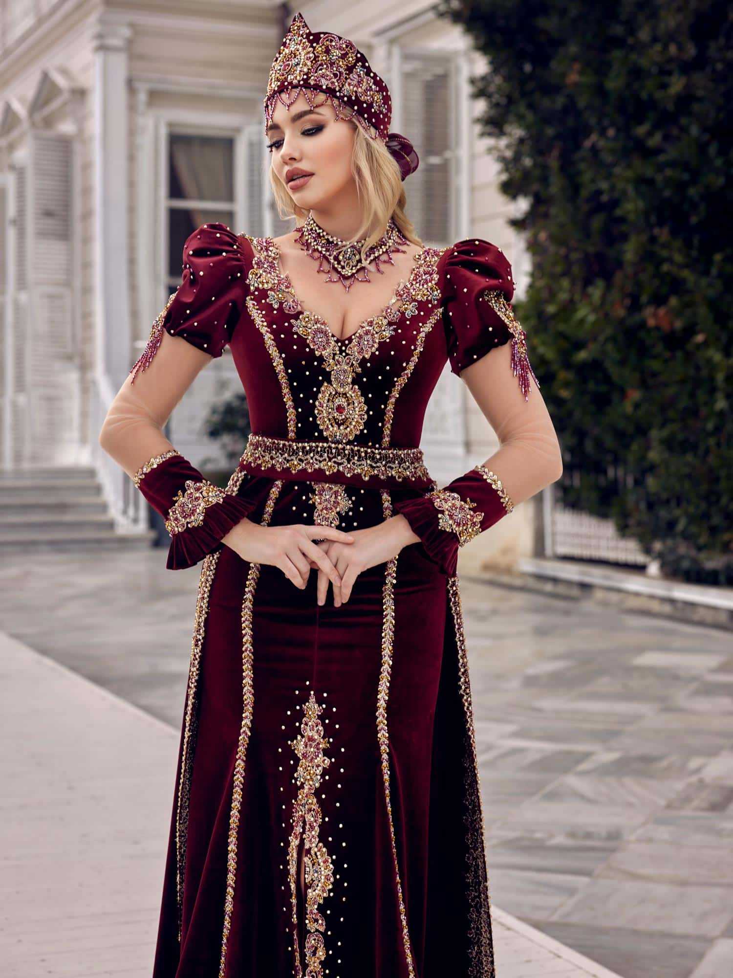 Burgundy Mermaid Long Tail Gold Embroidered Party Kaftan Dress Sultan Dress Burgundy Mermaid Long Tail Gold Embroidered Party Kaftan Dress Sultan Dress