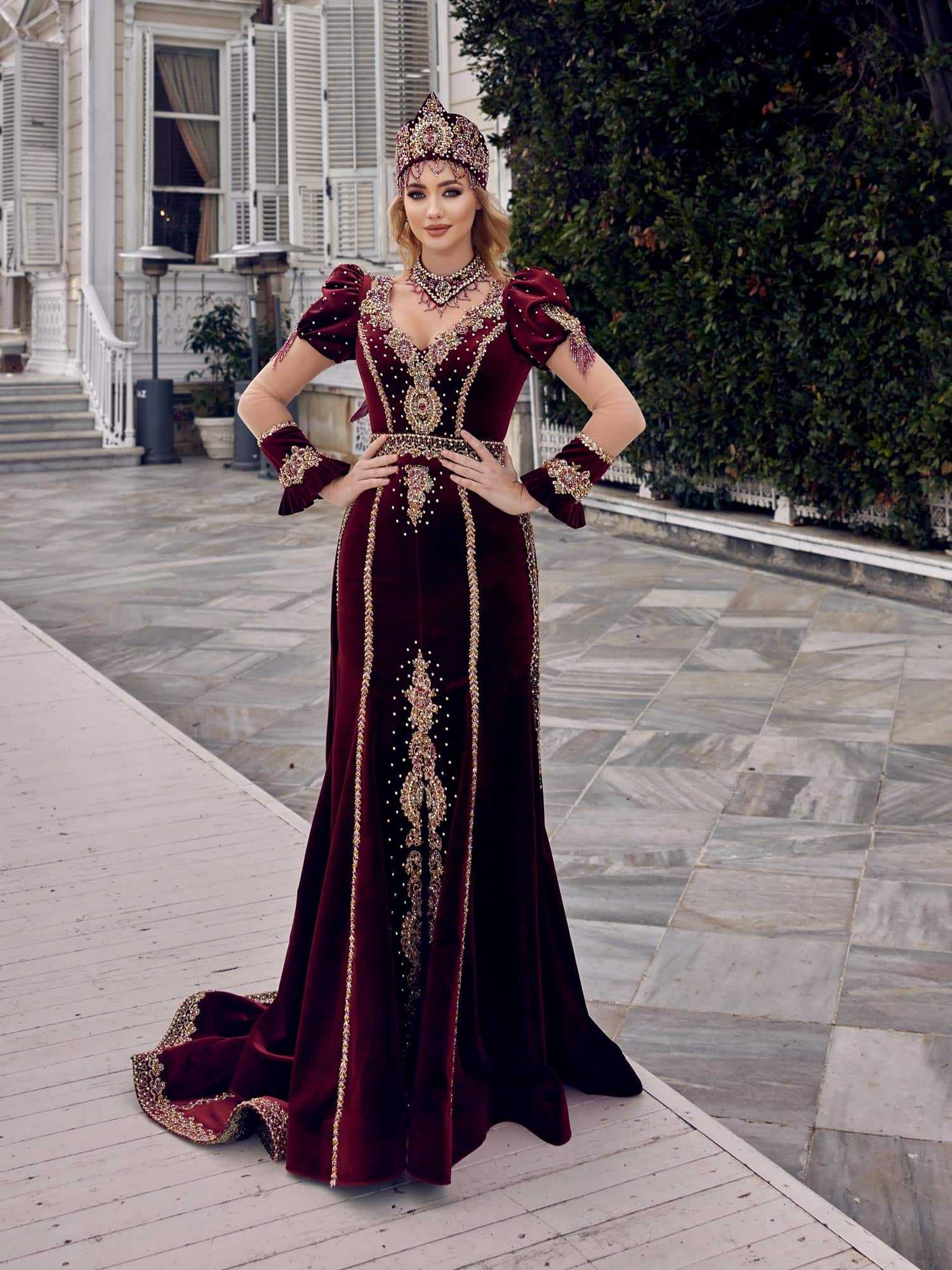 Burgundy Mermaid Long Tail Gold Embroidered Party Kaftan Dress - 36 Burgundy Mermaid Long Tail Gold Embroidered Party Kaftan Dress - 36