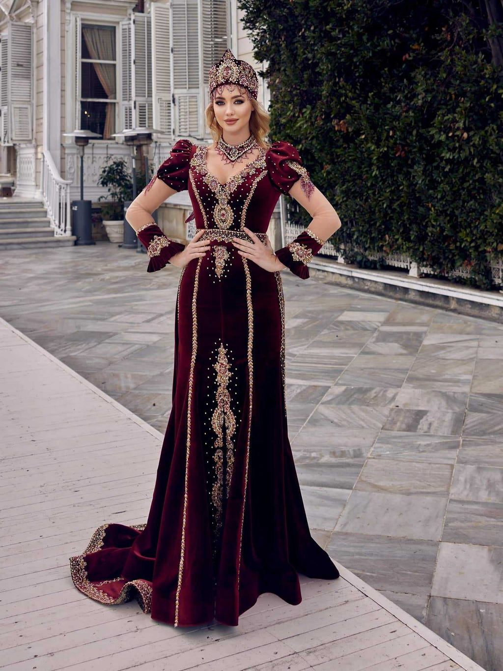 buy Burgundy Velvet Mermaid Gold Embroidered With Long Tail Henna Party Kaftan Dress alya (3)
