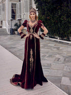 buy Burgundy Velvet Mermaid Gold Embroidered With Long Tail Henna Party Kaftan Dress alya (3)