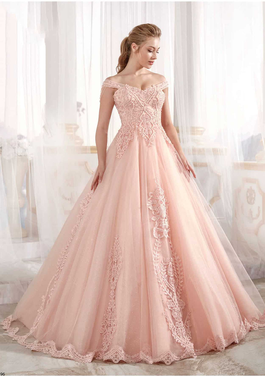 buy evening dresses online Pale Yellowish Prom Dress Cold Shoulder Tulle Dress Open Back Guipure Lace Embellished Appliques (1)