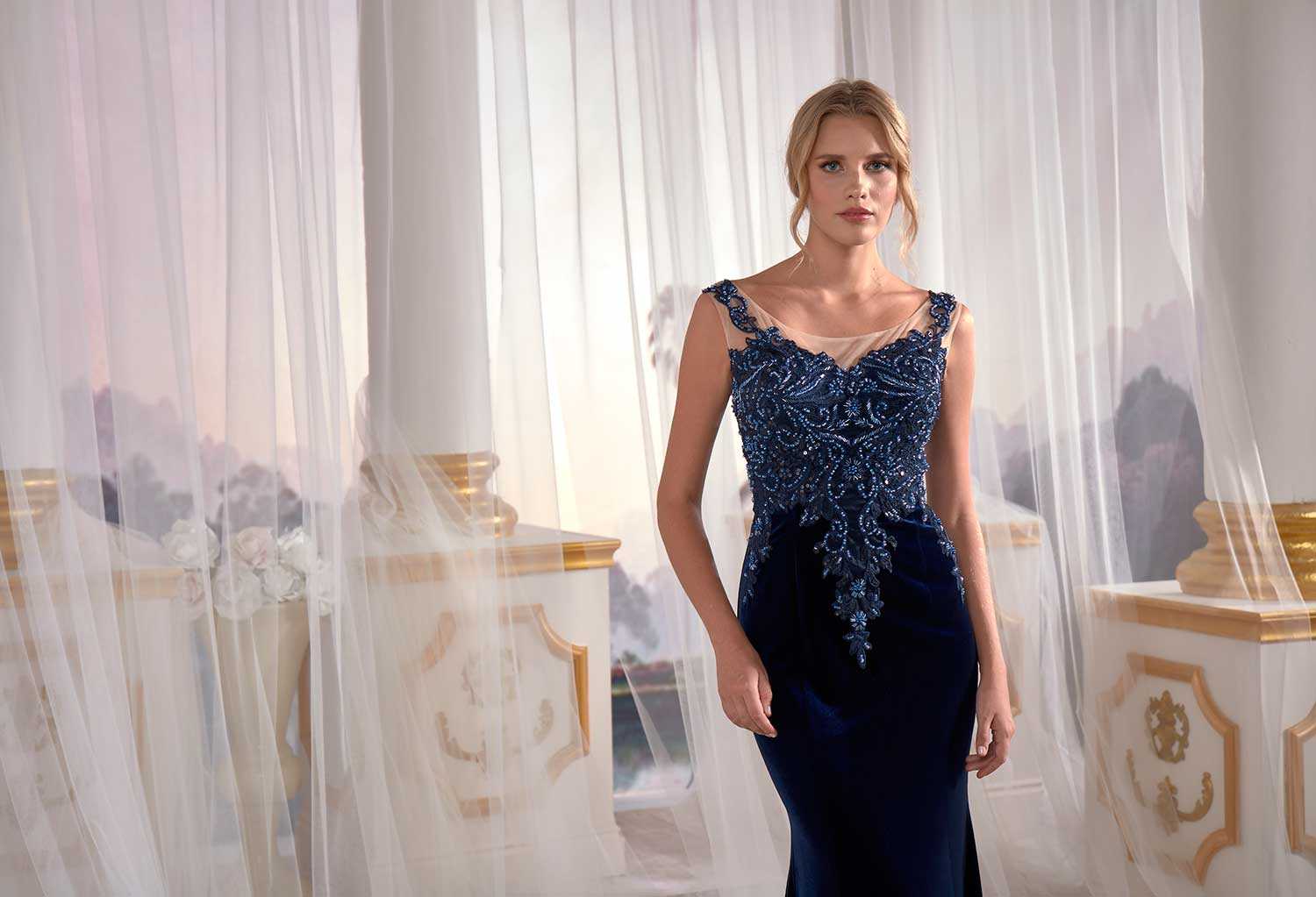 buy long evening dress Navy Blue Mermaid Maxi Prom Dress Velvet Open Back Needle & Thread Embroidered (2)