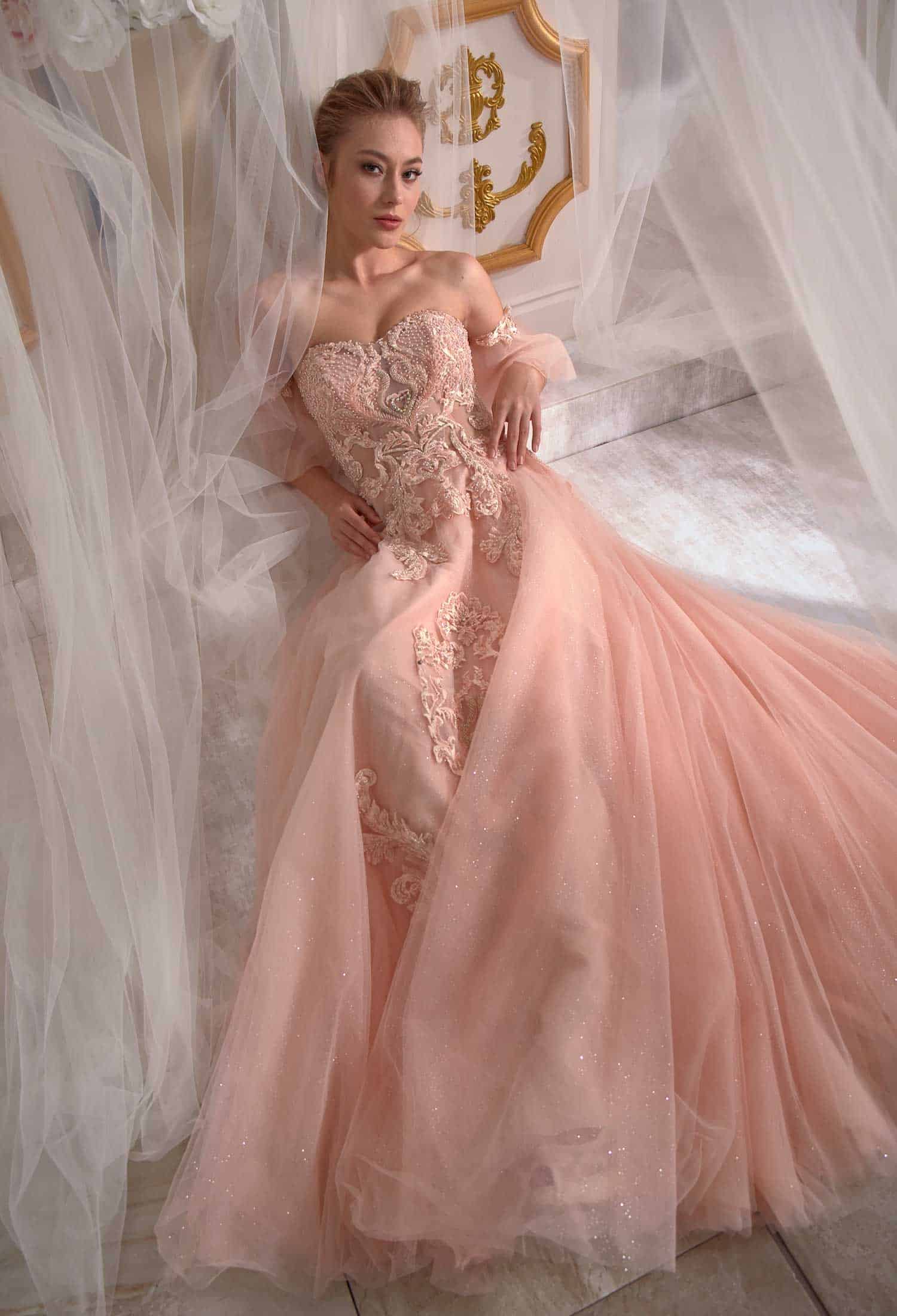 buy long evening dress Pale Yellowish Pink Evening Dress Tulle on Pearl Applique Needle & Thread embroidered Cold Shoulder (4)