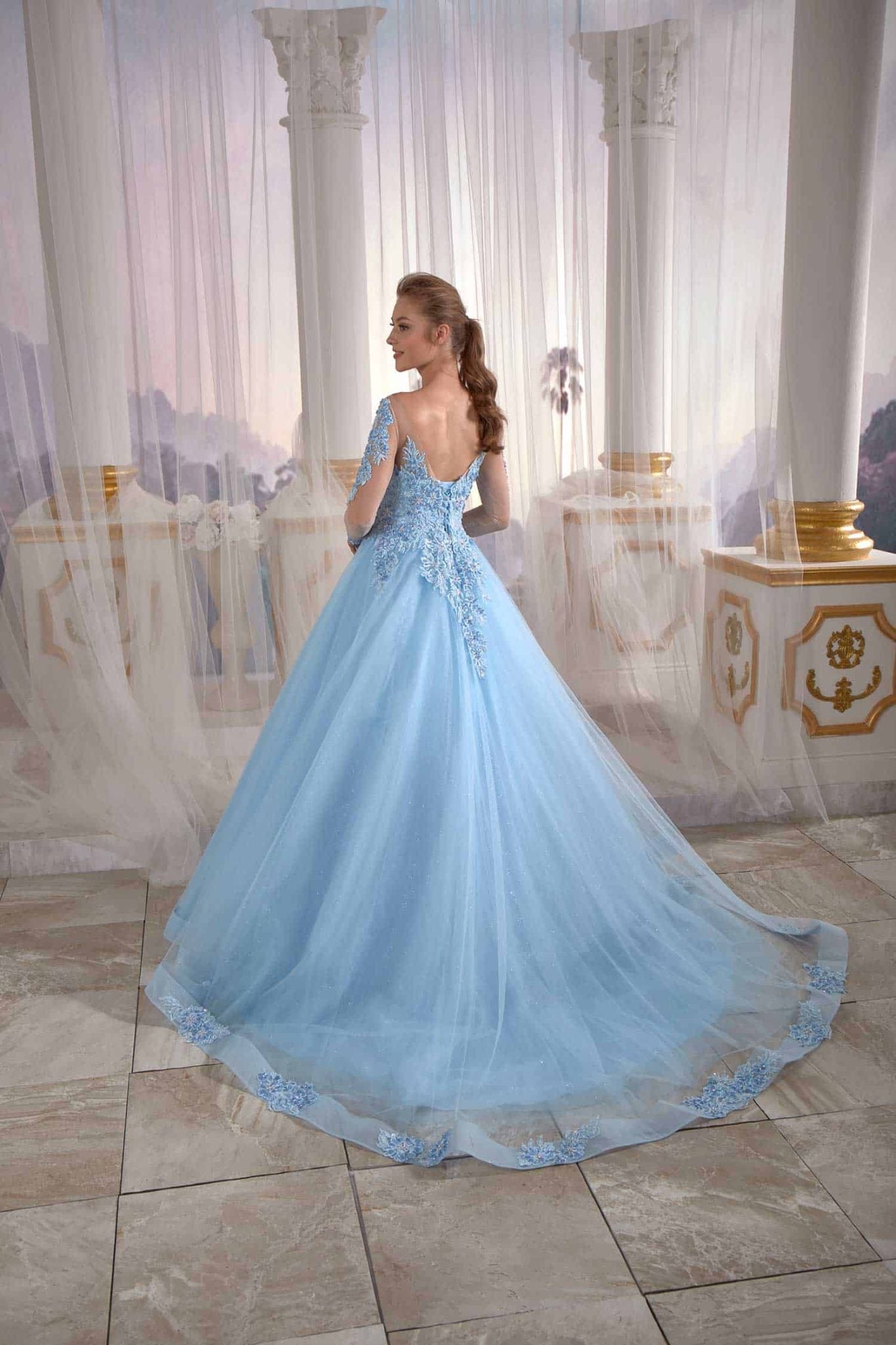 buy long evening dress İce Blue Tulle Engagement Dress Pleated Open Back Embellished Top Detail Cold Shoulder (3)