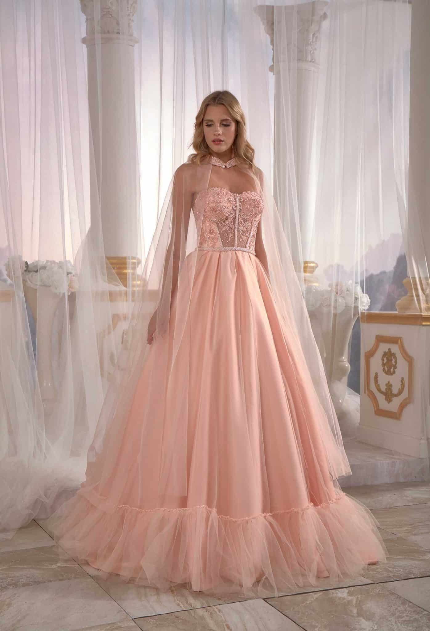 buy prom dresses online Pale Yellowish Satin Prom Dress Luxury Cold Shoulder Pleated Embellished With Tulle Cape Back (1)