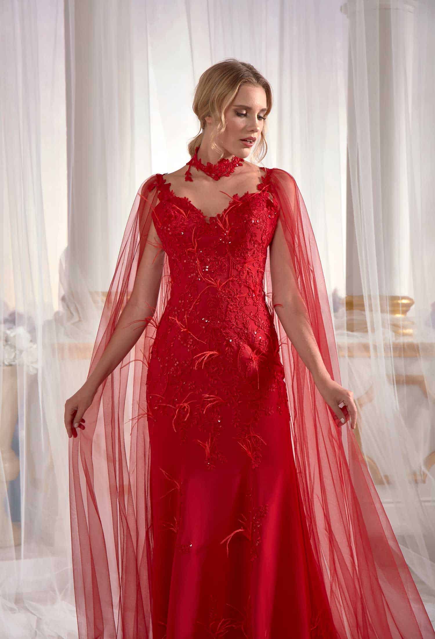 buy prom dresses online Prom dress boutiques Red Prom Dress Mermaid With Flutter Flower Tulle Cape Back Tall Soft (2)