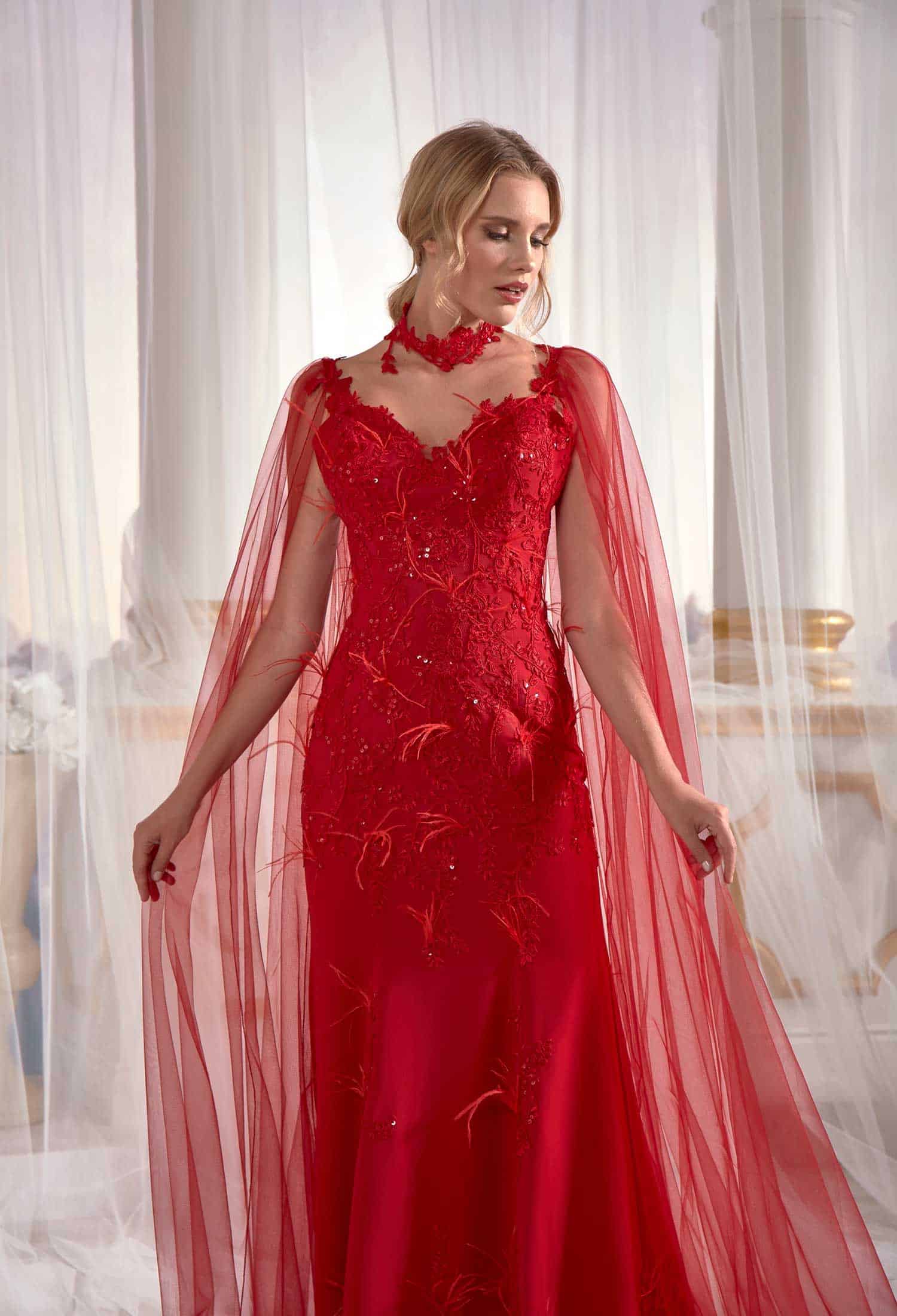 buy prom dresses online Red Prom Dress Mermaid With Flutter Flower Tulle Cape Back Tall Soft – Sultan Dress