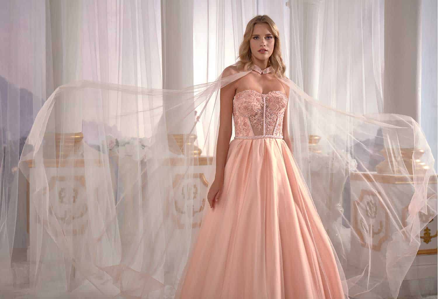 buy prom dresses online hot pink prom dress Pale Yellowish Satin Prom Dress Luxury Cold Shoulder Pleated Embellished With Tulle Cape Back (4)