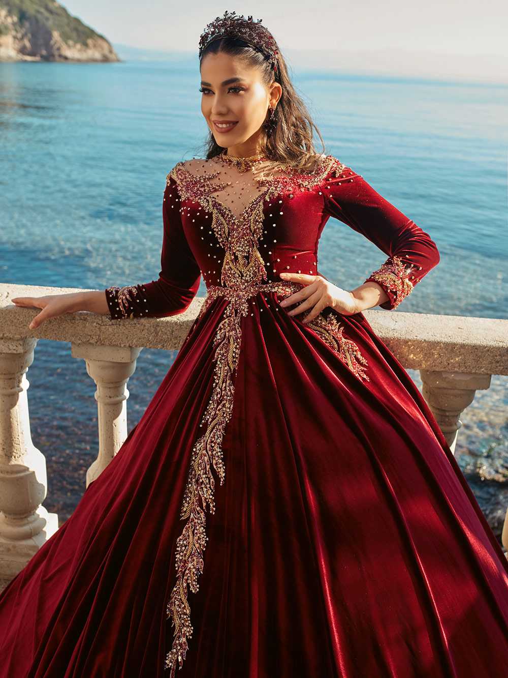 buy prom party red long velvet kaftan ball gown dresses online (1)