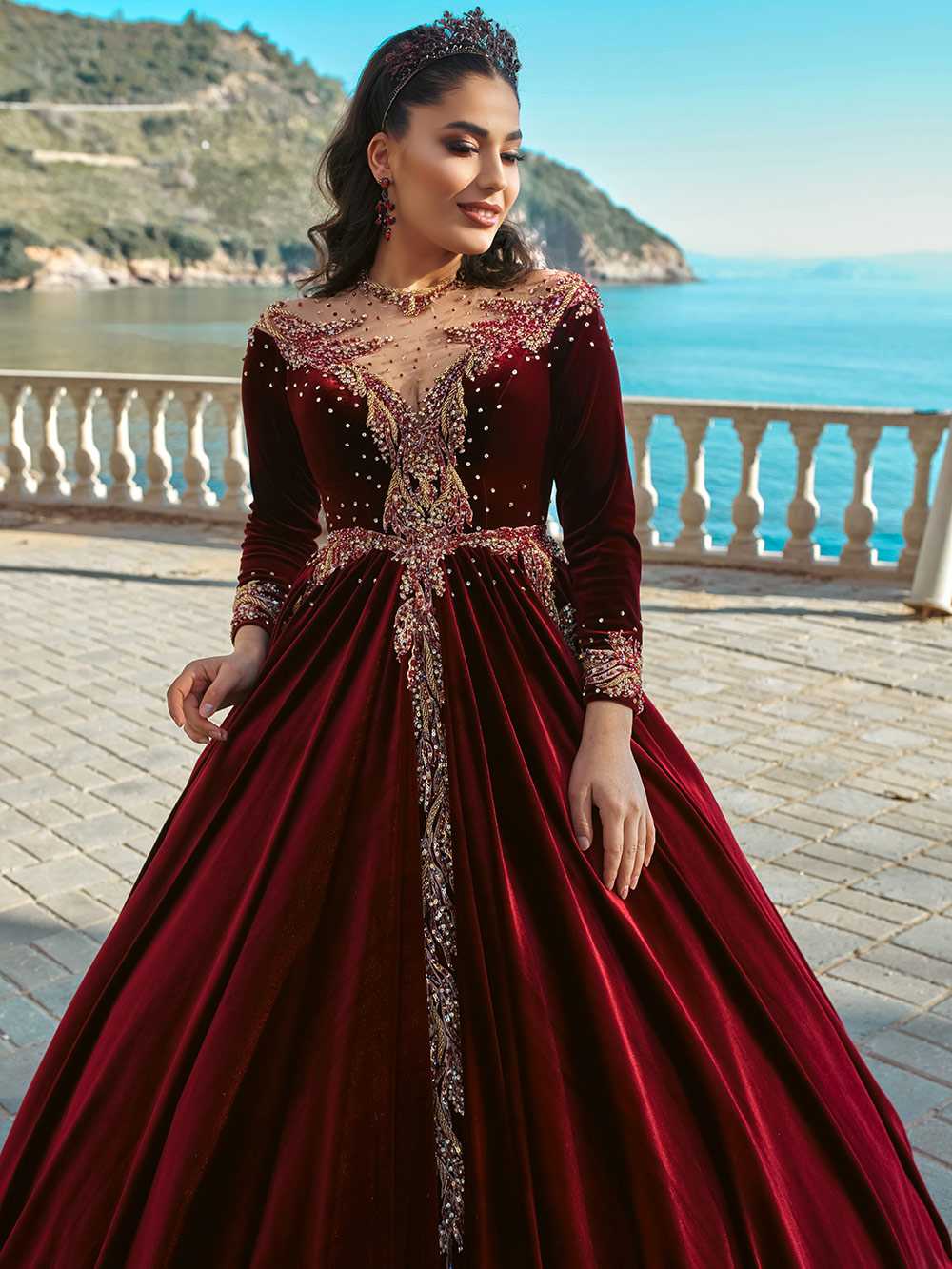 Red Velvet Long Kaftan Ball Gown Dress