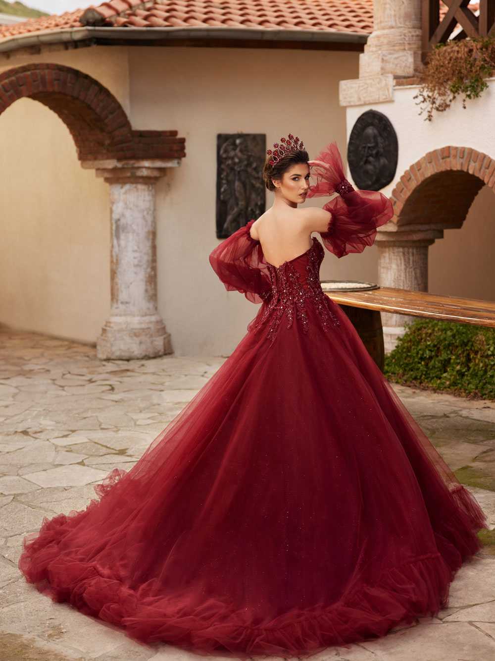 buy Maroon Long Frill Hemline Sweetheart Strapless Bodice Sequin Embellished Tulle Ball Gown prom gowns online shop
