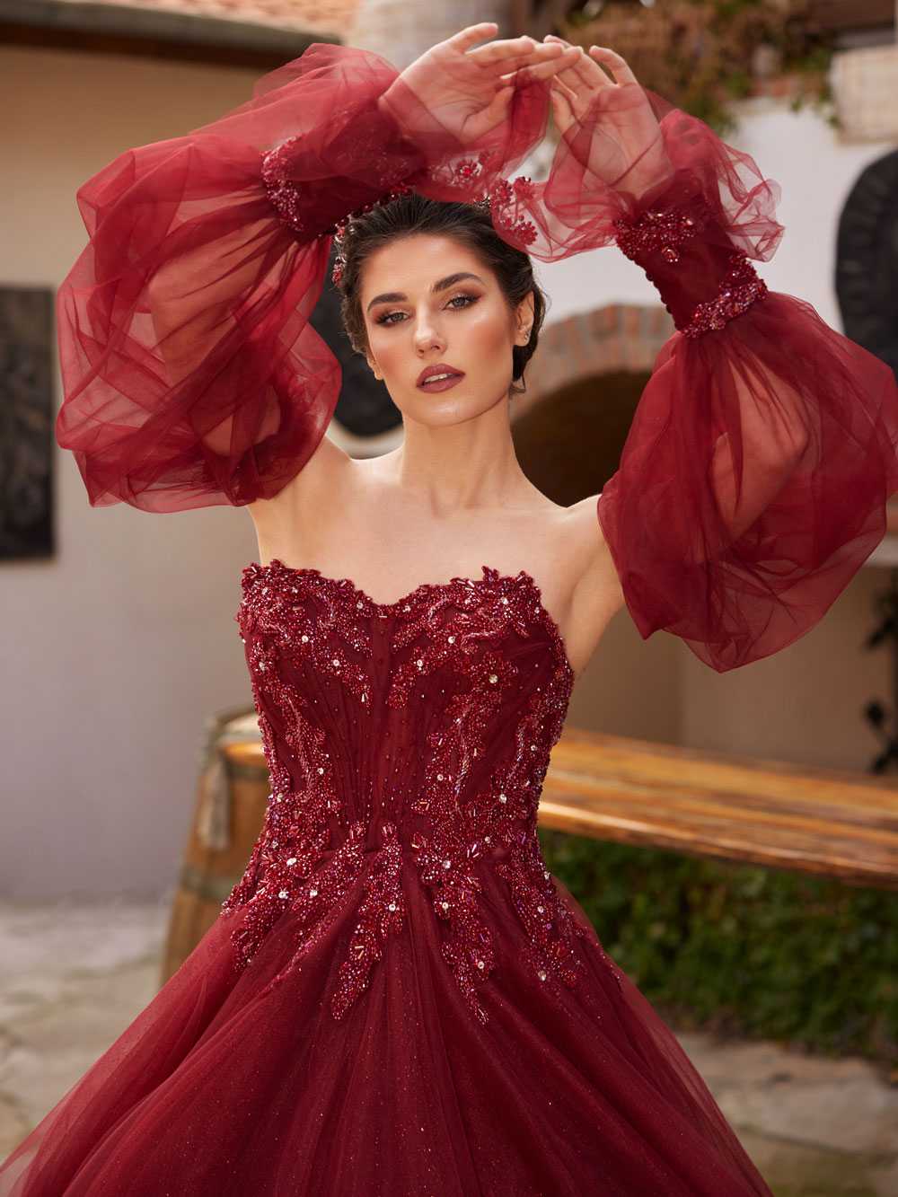 buy Maroon Strapless Bodice Sequin Embellished Tulle Long Ball Gown formal gowns boutique