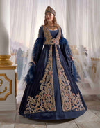Full-length front profile of the luxury [color] [fabric] henna gown set featuring hand-beaded embroidery, matching royal headpiece, and statement accessories by Sultan Dress.