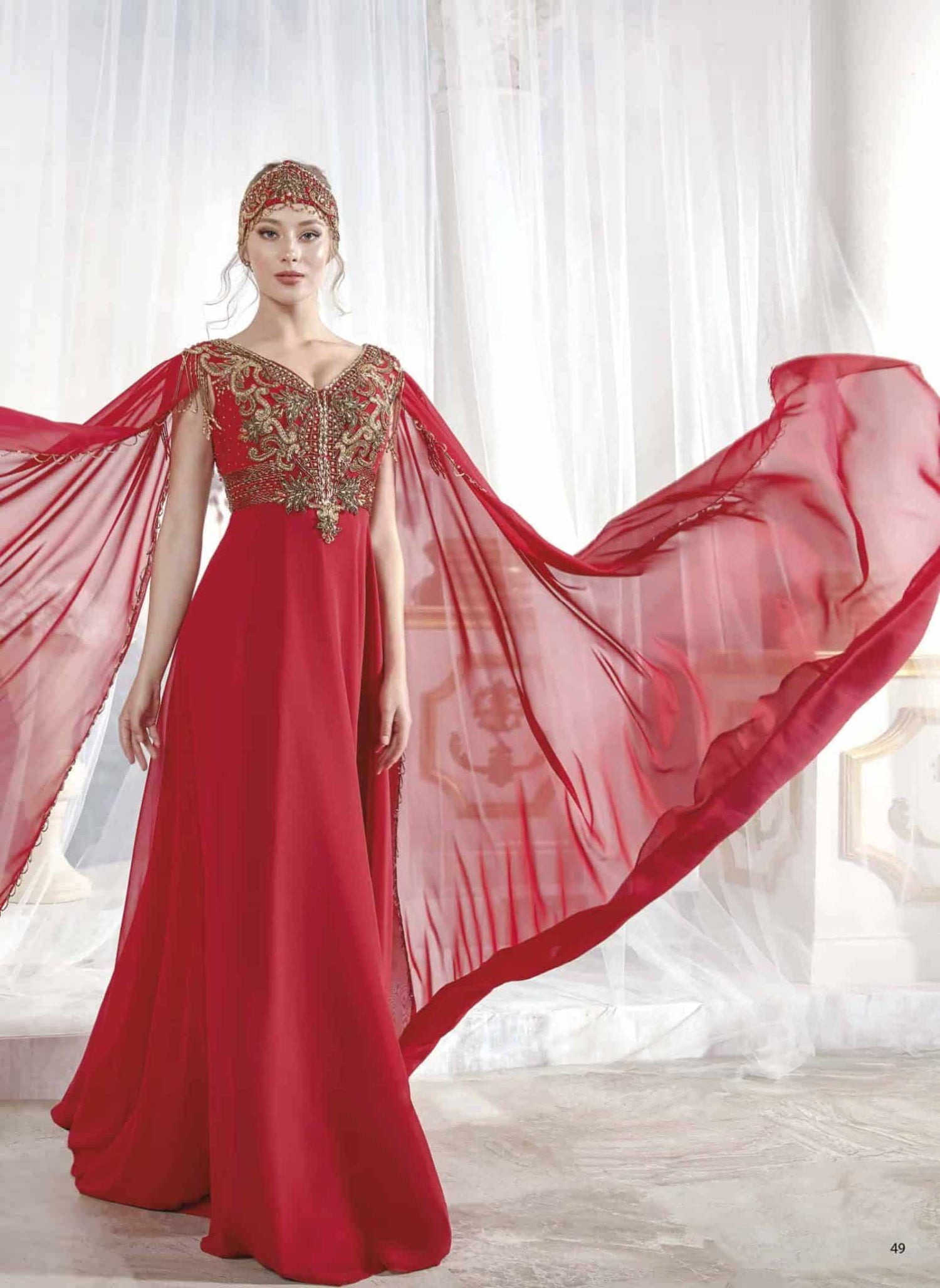 Full-length front view of the red long V-neck evening caftan dress featuring an embellished hand-beaded neckline for bridesmaids by Sultan Dress.