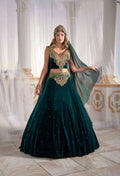 Full-length front view of the dark green golden embroidery handwork sequins caftan V-neck party dress by Sultan Dress.