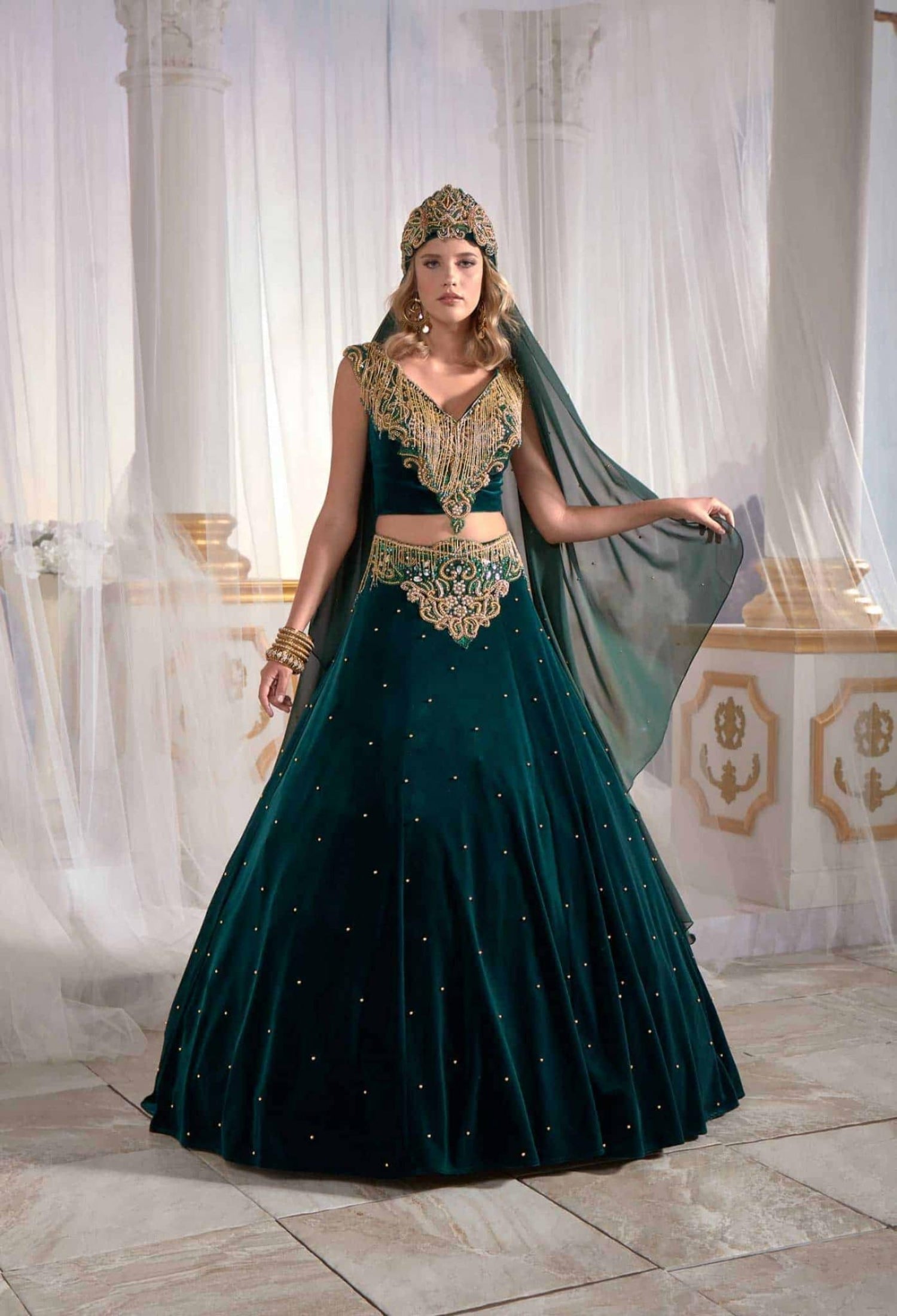 Full-length front view of the dark green golden embroidery handwork sequins caftan V-neck party dress by Sultan Dress.