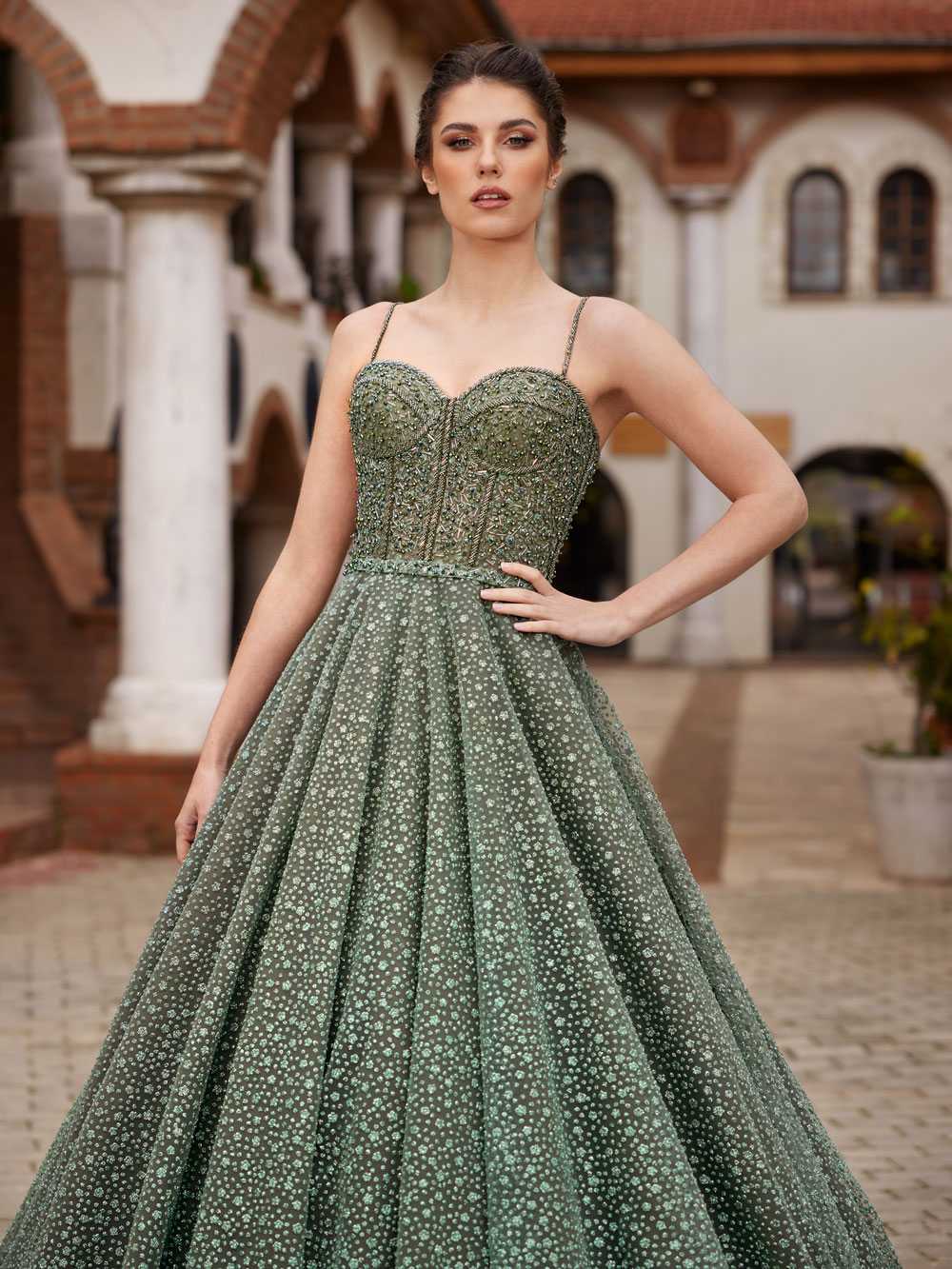 buy Elegant Light Green Beaded Lace Bodice Floor Length A-line Long Tail Wedding Prom Formal Evening Dress with corset bodice and spaghetti sleeves online prom gowns shop
