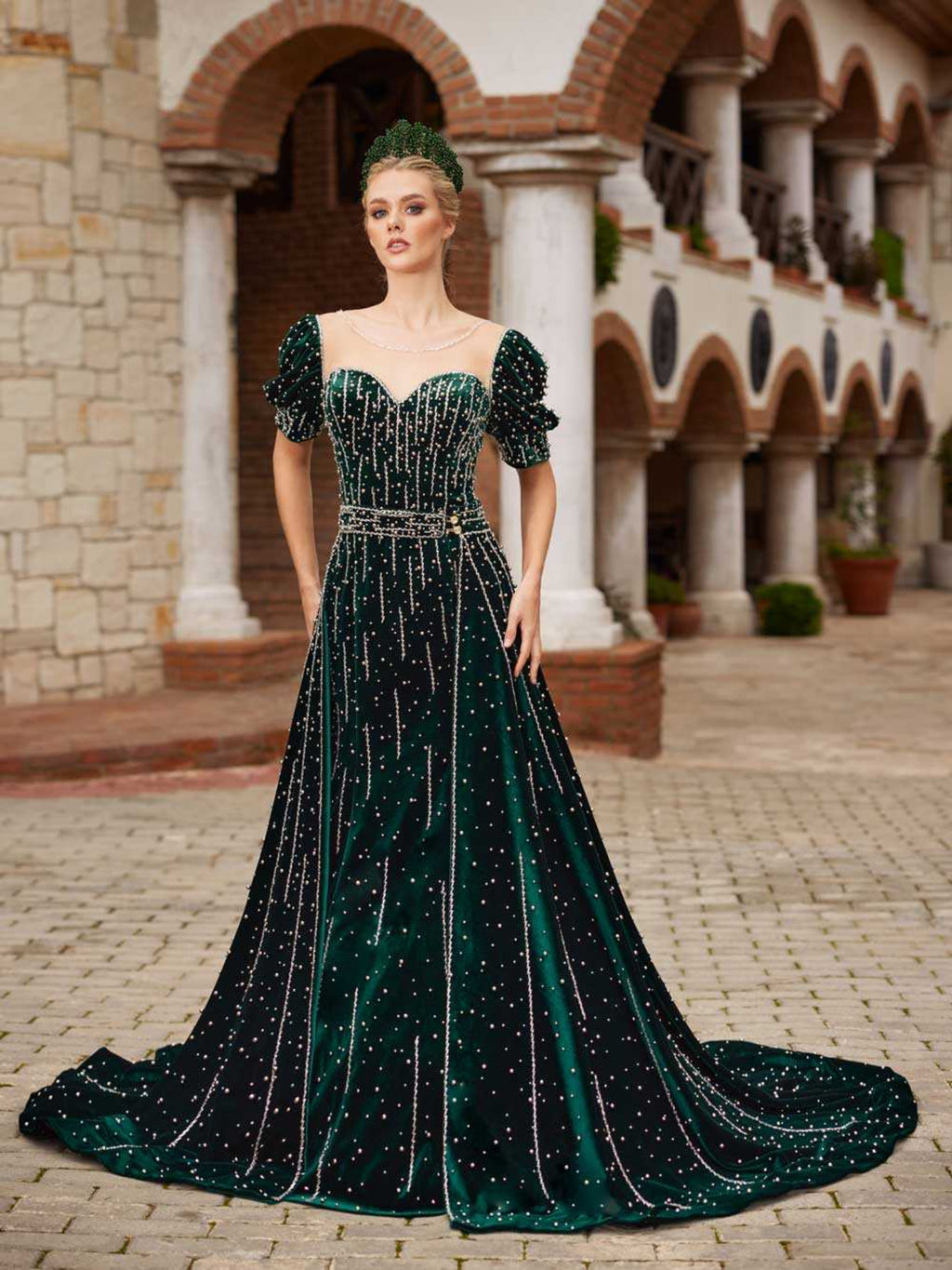 Elegant Emerald Green Velvet Sequin Beaded Long Evening Dress Party Wear 44