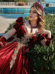 elegant red ball gown long with fancy sleeve prom dress websites (2)
