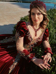 elegant red ball gown long with fancy sleeve prom dress websites (4)