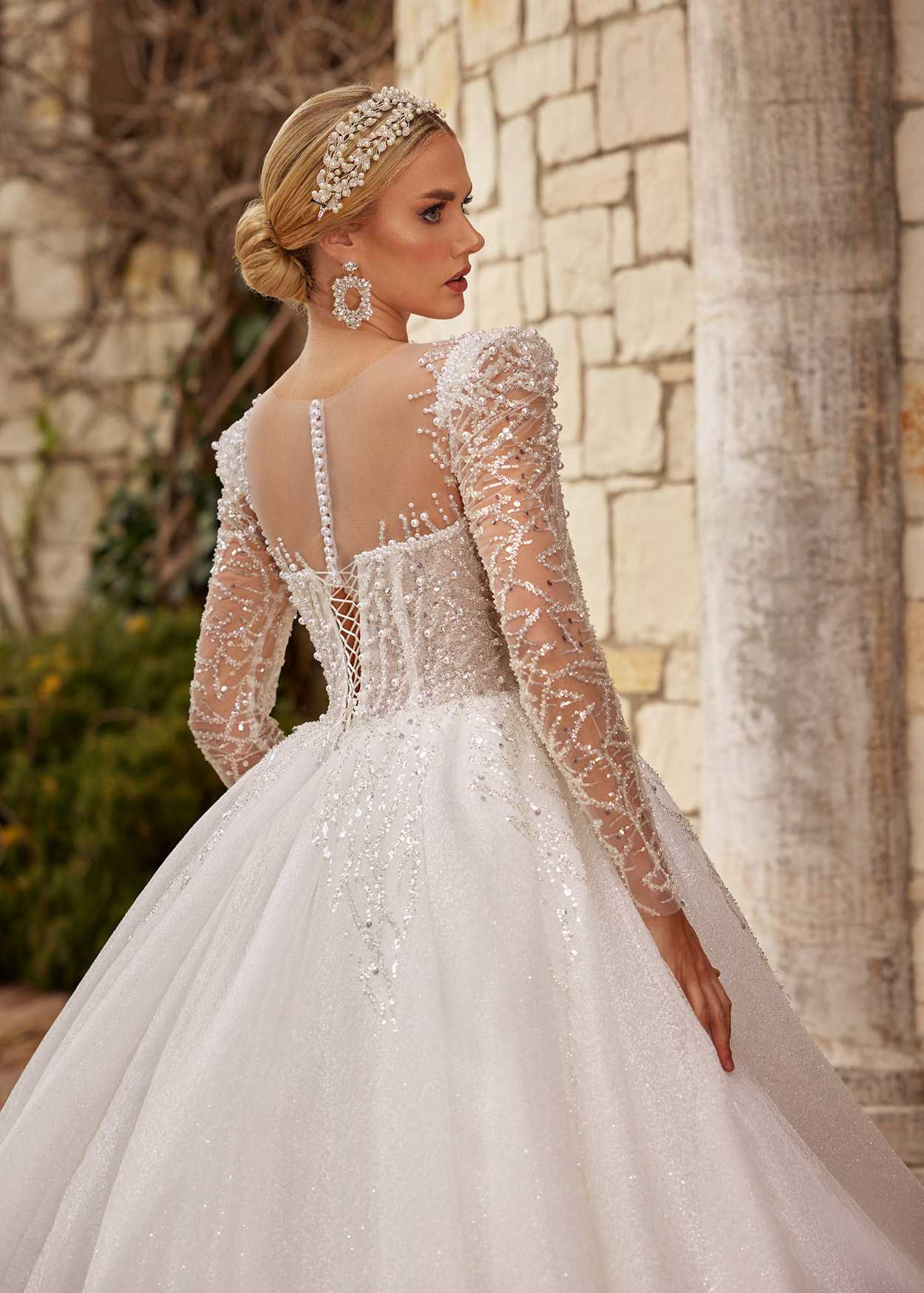 buy Romantic A-Line lace tulle Gown With Illusion Long Sleeves