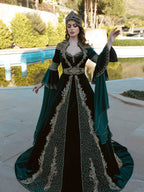 buy Fancy Green Long Sleeve Wedding Kaftan Dress plus sizes with chapel train online website shop