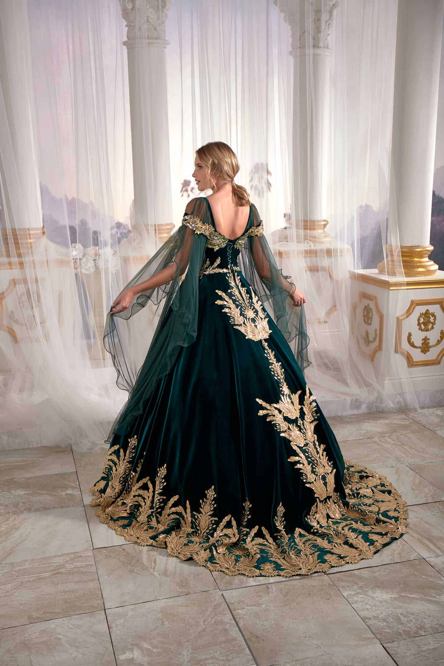 Emerald Green Golden Embroidery Evening Caftan Dress with Veil – Sultan Dress