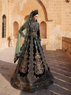 buy Emerald Green Heavy Embroidered Gold Sequin Embellished Rhinestone Bridal Henna Party Hijab Gown Dress online hijab gowns shop