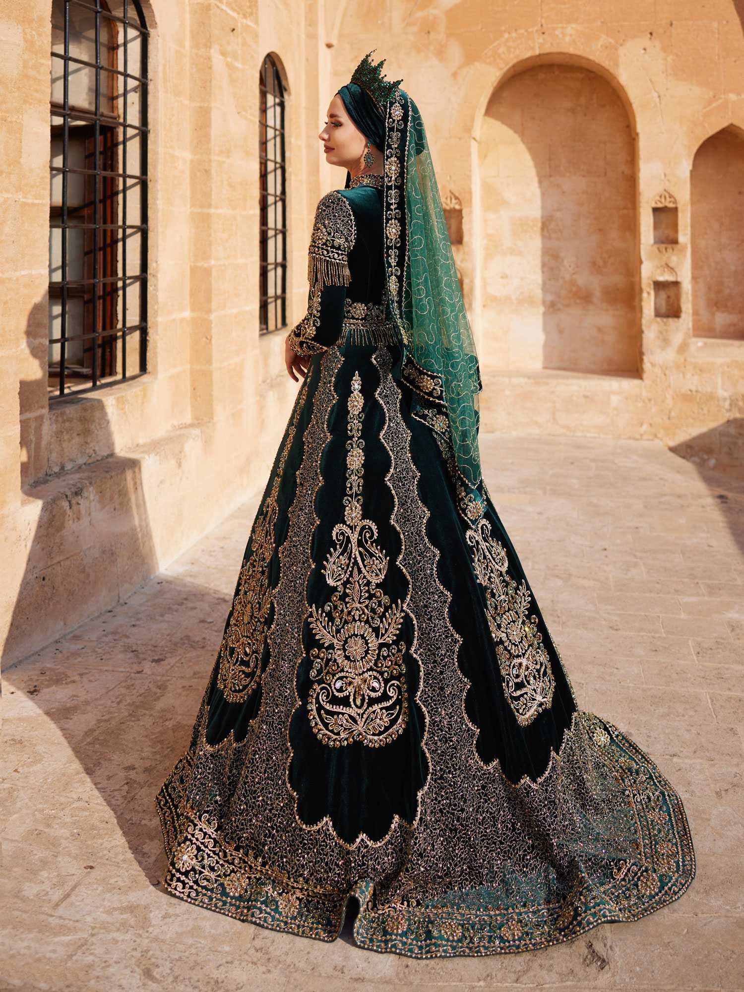 Rhinestone Heavy Embroidered Gold Sequin Bridal Hijab Henna Gown Sultan Dress Rhinestone Heavy Embroidered Gold Sequin Bridal Hijab Henna Gown Sultan Dress