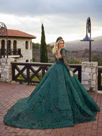 Rear view highlighting the sheer lace illusion back, long sleeves, and sweeping sequined train on the emerald green ball gown.