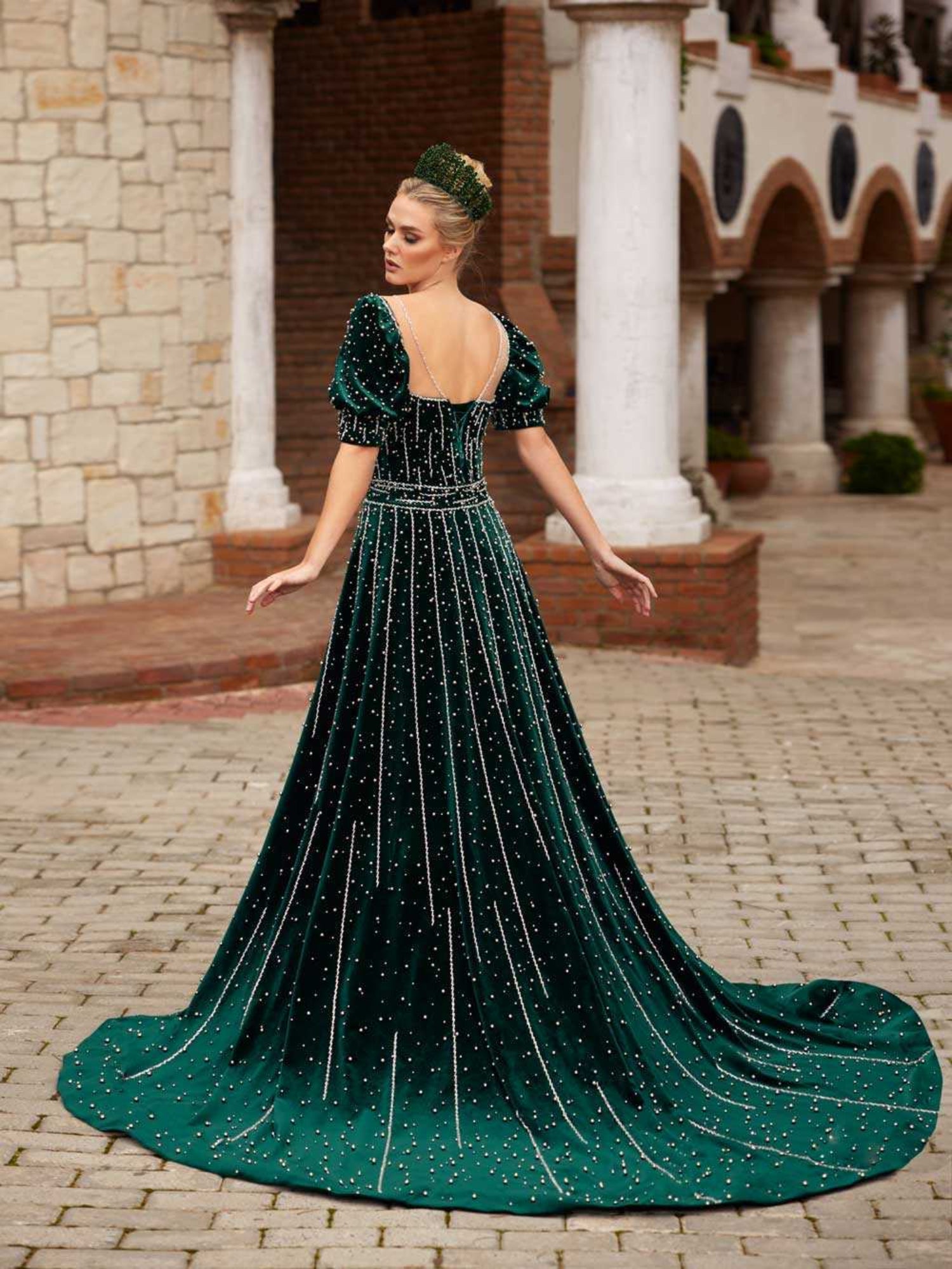 Emerald Green Velvet Beaded Evening Dress with Train