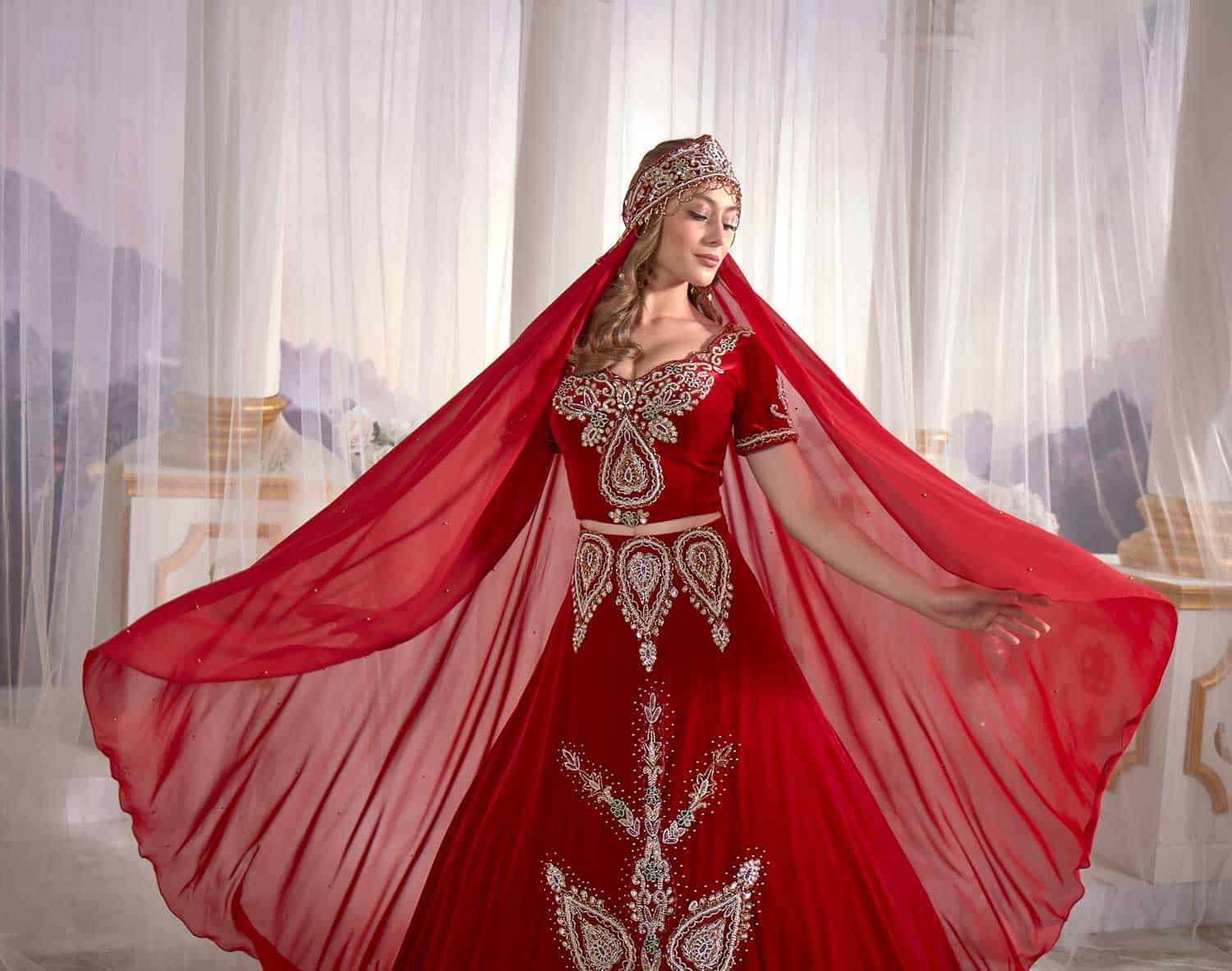 Red Handwork Sequins Silver Embroidery Long Bridal Caftan Set – Sultan Dress