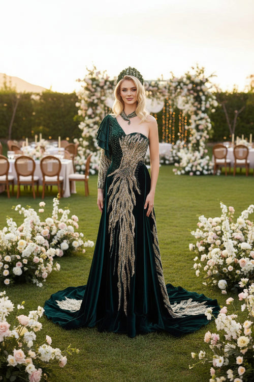 Chic Emerald Green Long Gold Sequins Beaded One Shoulder Evening Party Dress 40