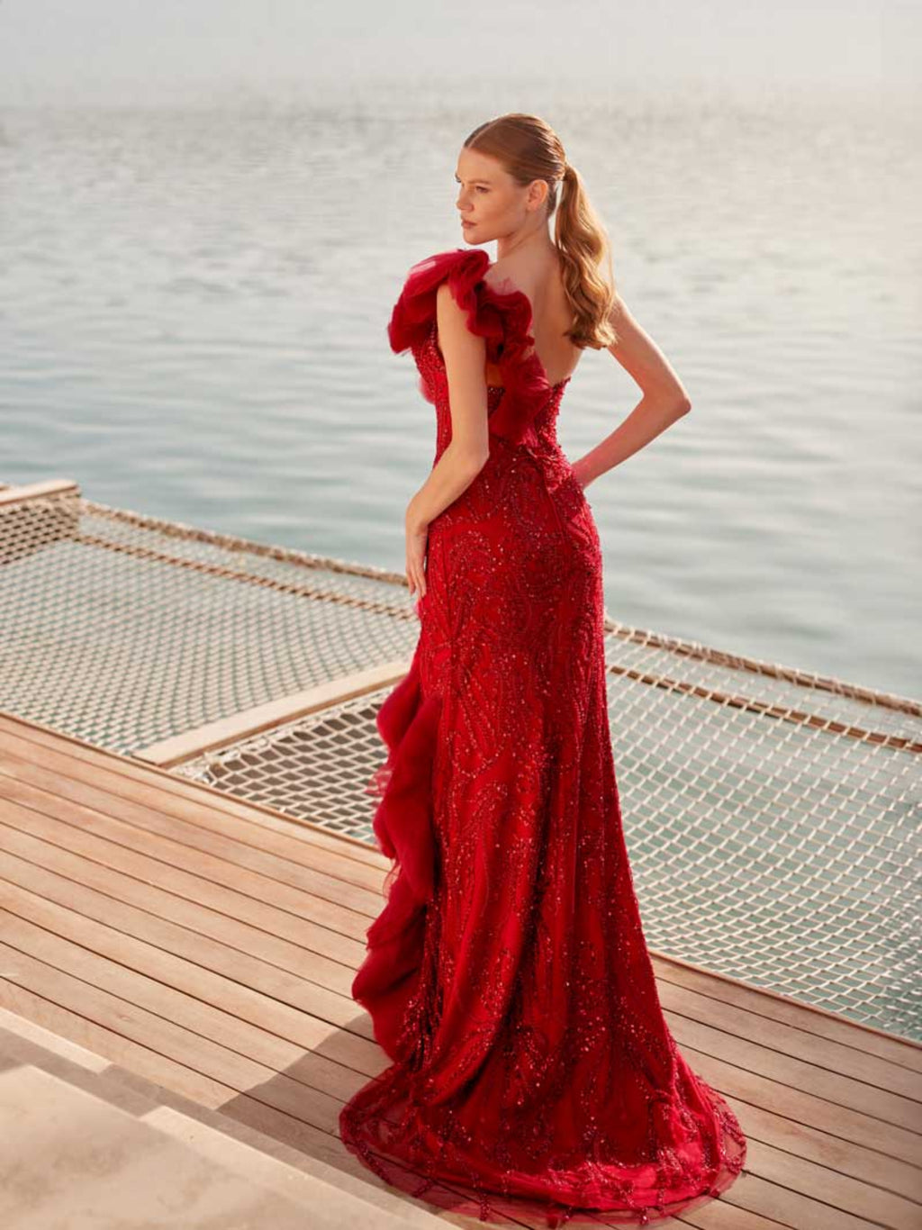 Spanish Red Long Flamenco Corset Dress