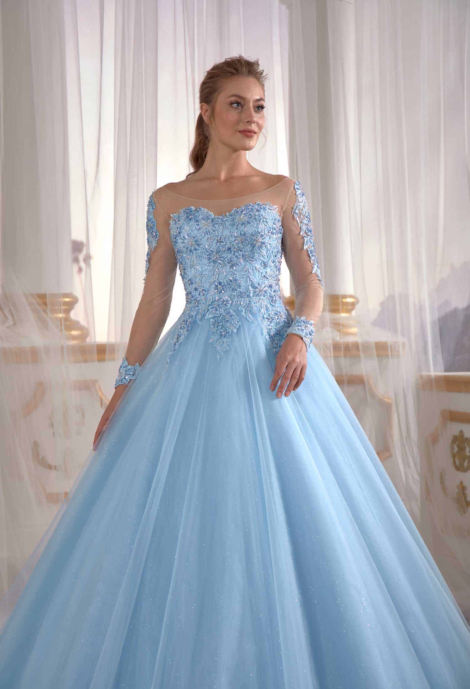 gown dresses online shopping İce Blue Tulle Engagement Dress Pleated Open Back Embellished Top Detail Cold Shoulder (2)