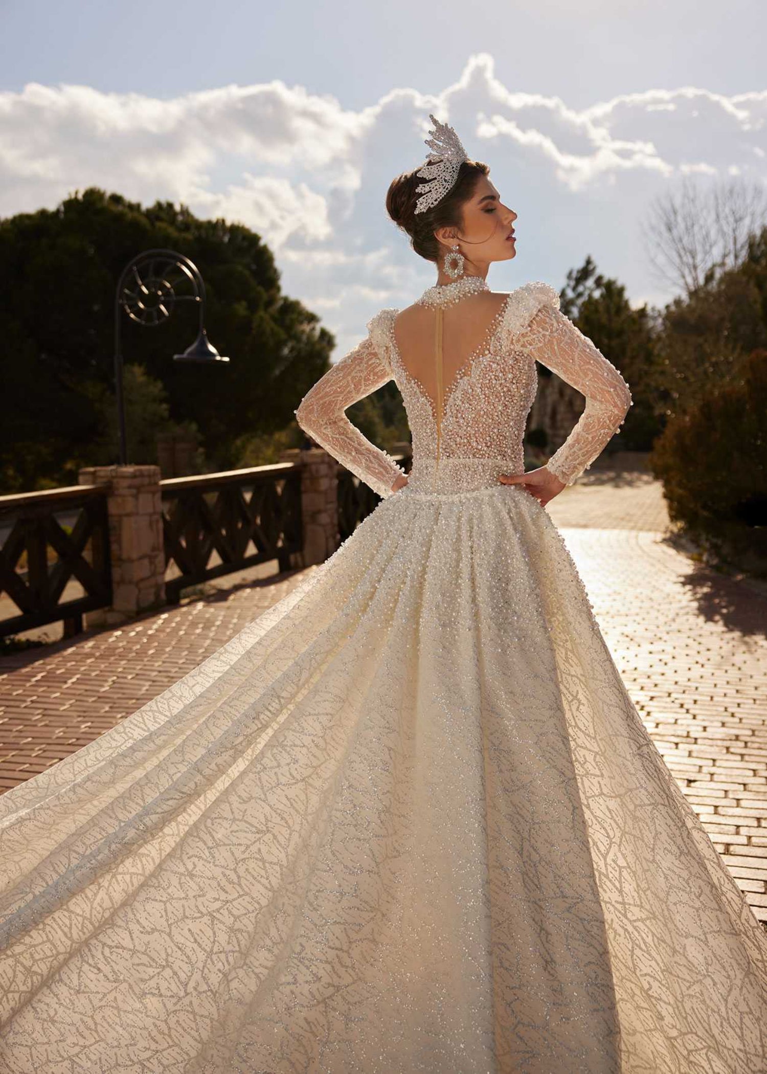 Rear view showing the deep V-back, high collar, and sweeping detachable glitter overskirt train.
