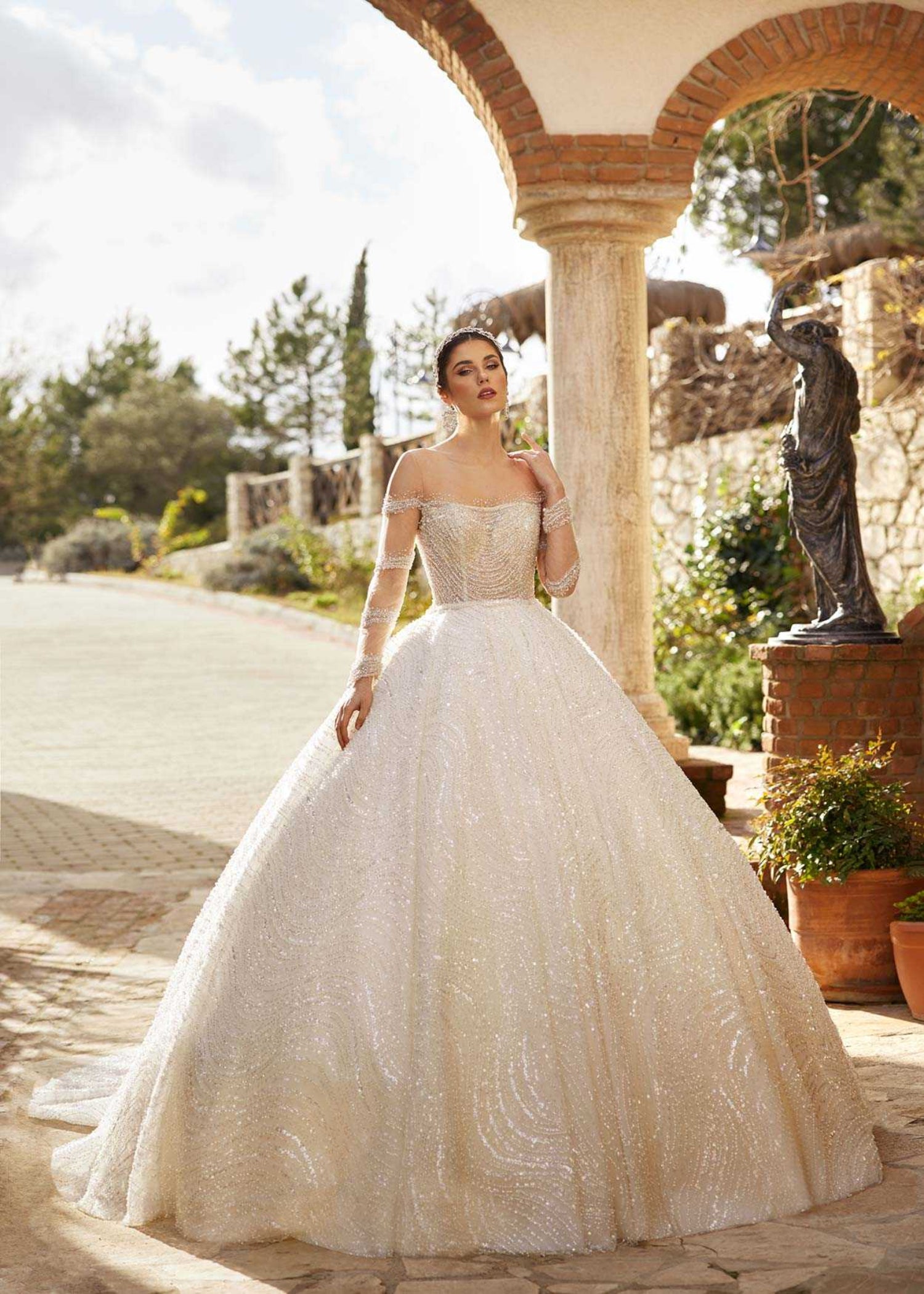 Illusion Beaded Long Sleeve Princess Ball Gown Wedding Dress