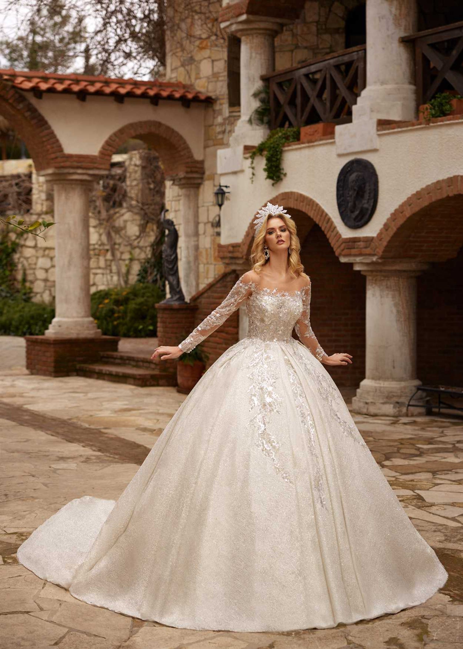 Illusion Strapless Lace Wedding Dress With Long Sleeves Princess Ball Gown 44