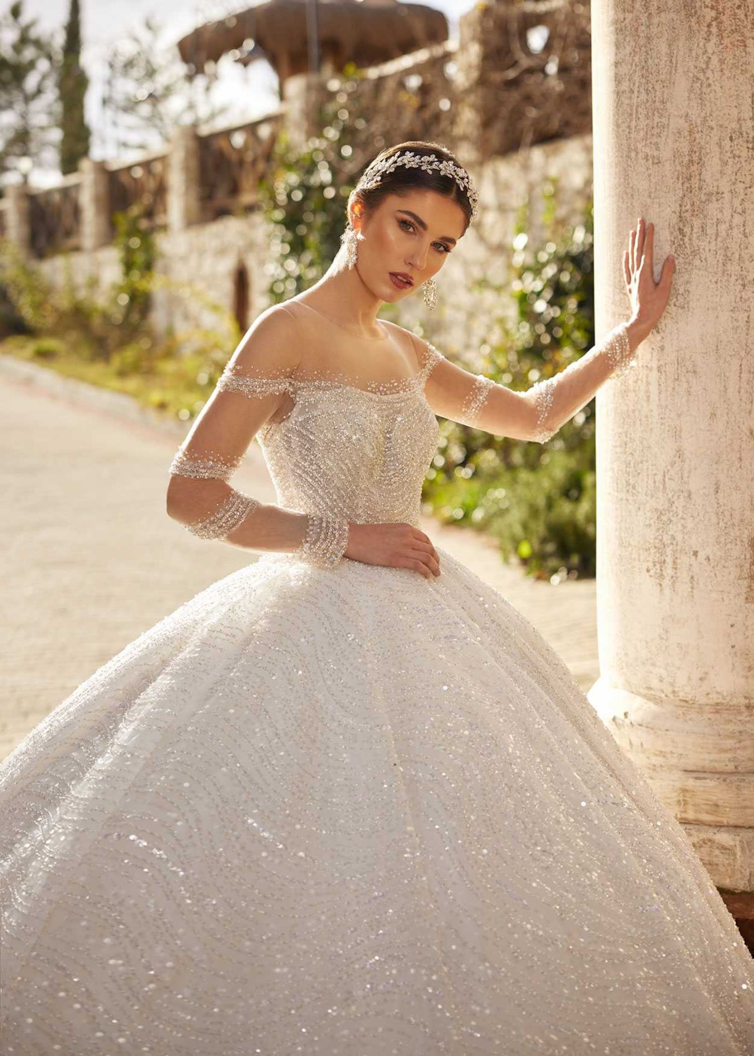 Classy Off The Shoulder Shimmering A line Princess Wedding Gown With Long Sleeves 38